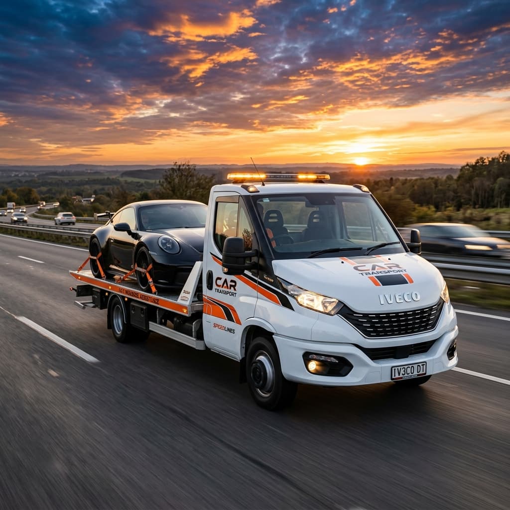 Odtahový speciál Iveco Daily KKAUTO.CZ na dálnici s naloženým vozem